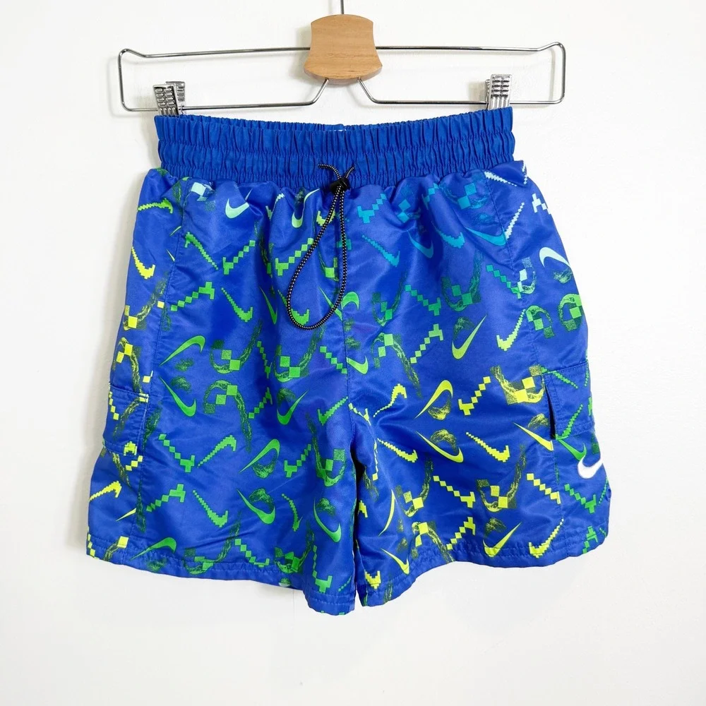 Nike Swim Trunks Boys Large Blue Pixel Swoosh Graphic Cargo Pocket Board Shorts